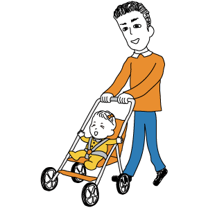 赤ちゃんが載ったベビーカーをパパが押しているイラスト